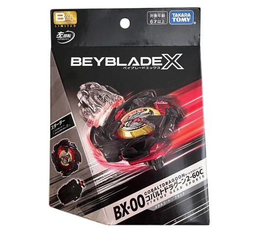 My Store BX-00 Cobalt Dragoon Beyblade X limited edition set with black metal coat and string launcher.