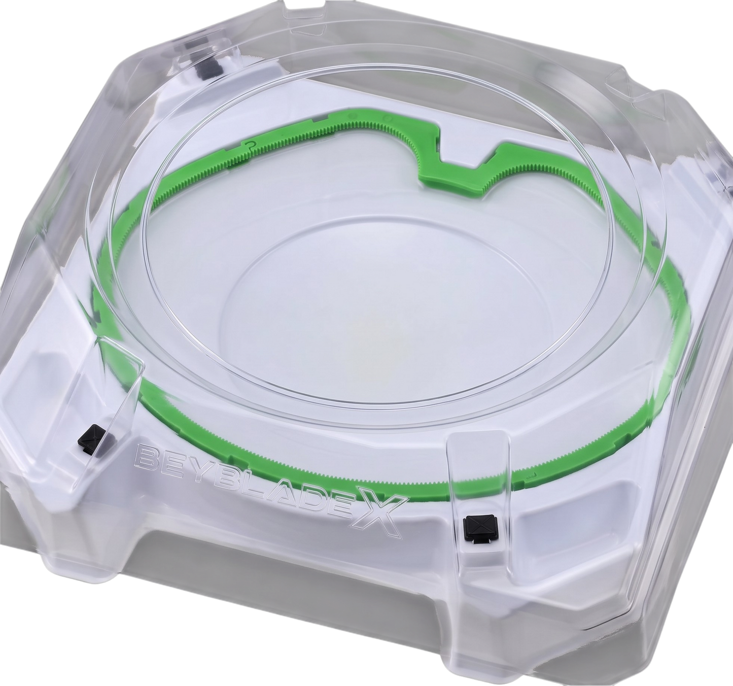 My Store BX-10 Xtreme Stadium Beyblade X battle arena with green X-Celerator rail and clear plastic cover