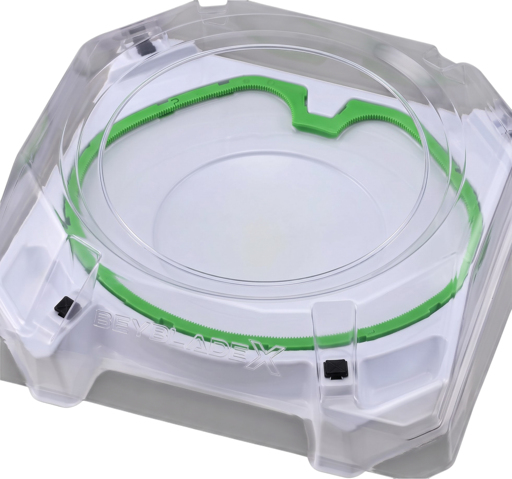 My Store BX-10 Xtreme Stadium Beyblade X battle arena with green X-Celerator rail and clear plastic cover