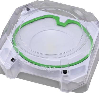 My Store BX-10 Xtreme Stadium Beyblade X battle arena with green X-Celerator rail and clear plastic cover