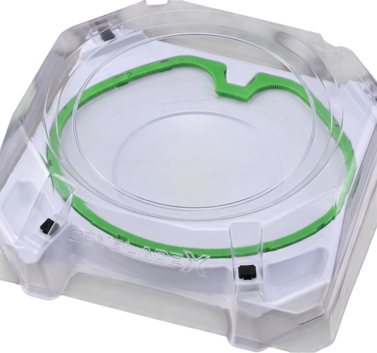 My Store BX-10 Xtreme Stadium Beyblade X battle arena with green X-Celerator rail and clear plastic cover