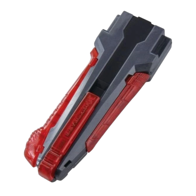 My Store BX-41 Rubber Custom Grip for Beyblade X launchers, gunmetal and red, with non-slip grip panels.