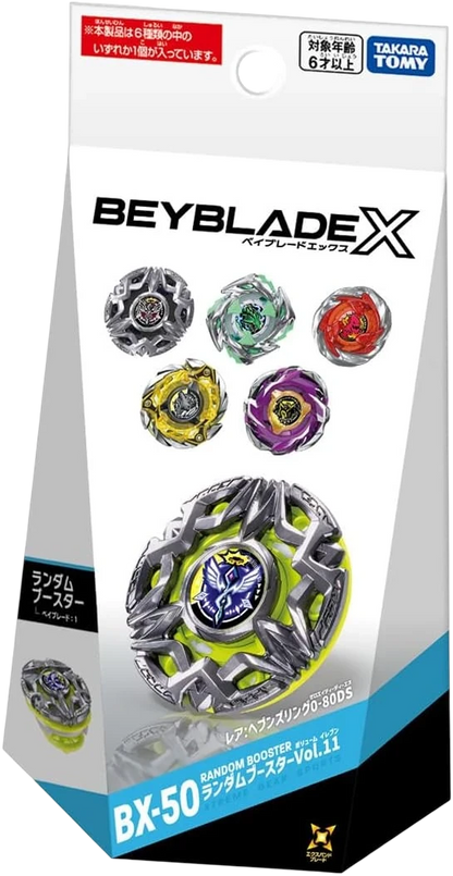 My Store Takara Tomy Beyblade X BX-50 Vol. 11 Random Booster box featuring Heaven Ring and other collectible tops.