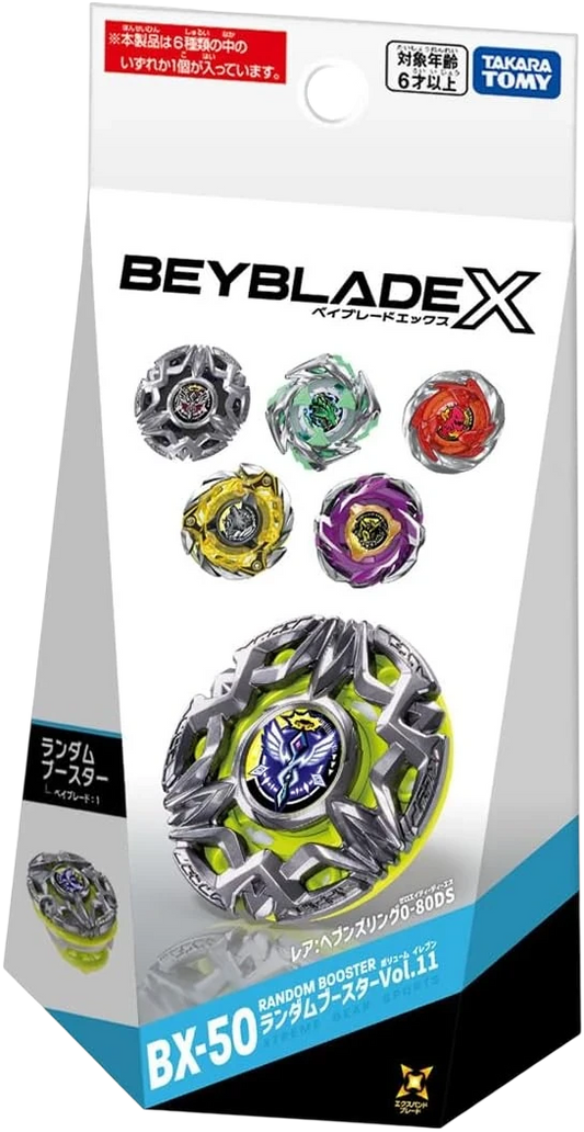 My Store Takara Tomy Beyblade X BX-50 Vol. 11 Random Booster box featuring Heaven Ring and other collectible tops.