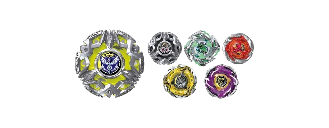 My Store BX-50 Random Booster Vol. 11 Beyblade X collection featuring Heaven Ring and various metal spinning tops.