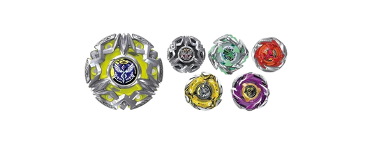 My Store BX-50 Random Booster Vol. 11 Beyblade X collection featuring Heaven Ring and various metal spinning tops.
