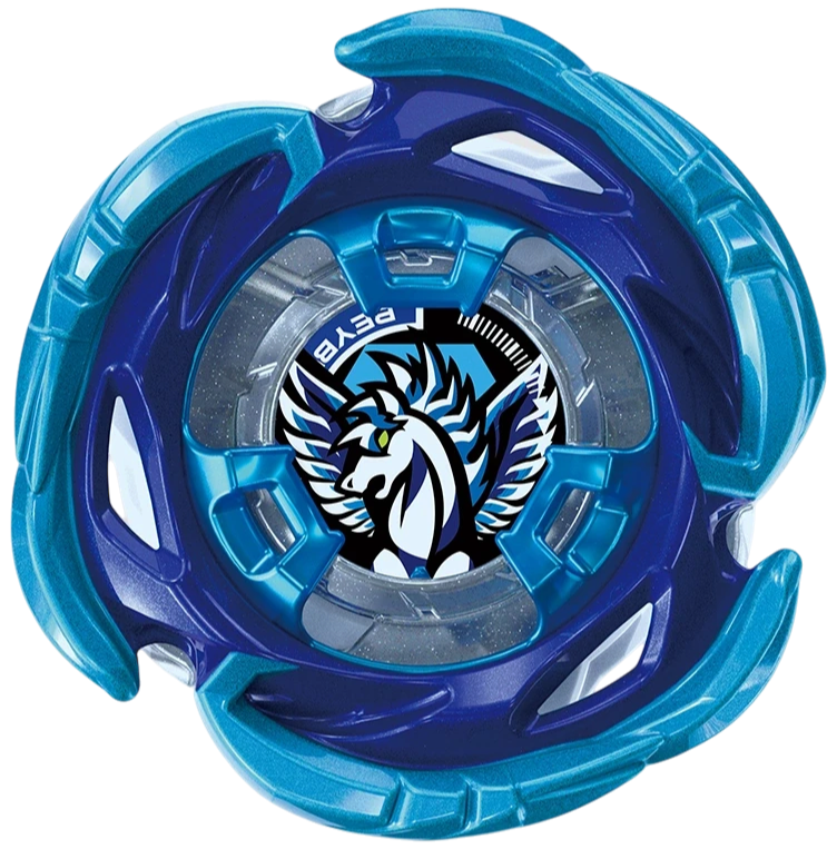 My Store BX-53 Beyblade X top featuring a blue winged horse emblem and metallic blue aerodynamic blade design