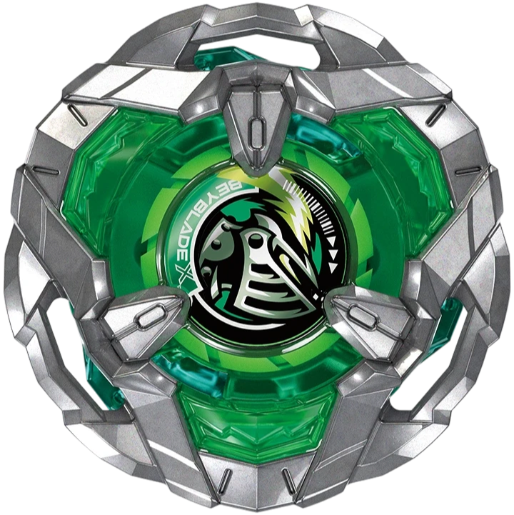 My Store BX-53 Beyblade X top featuring a metallic silver frame and translucent green plastic details