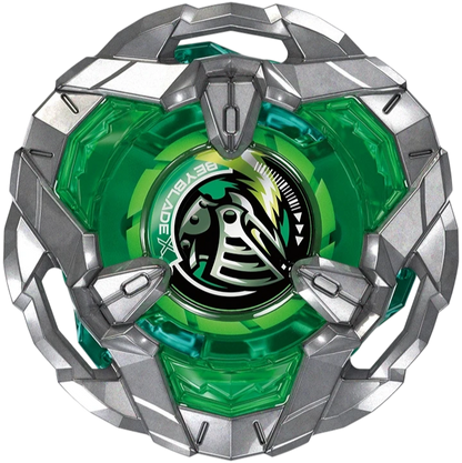 My Store BX-53 Beyblade X top featuring a metallic silver frame and translucent green plastic details