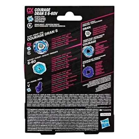 My Store Courage Dran S 6-60V Beyblade X attack type starter set packaging back view with technical specifications