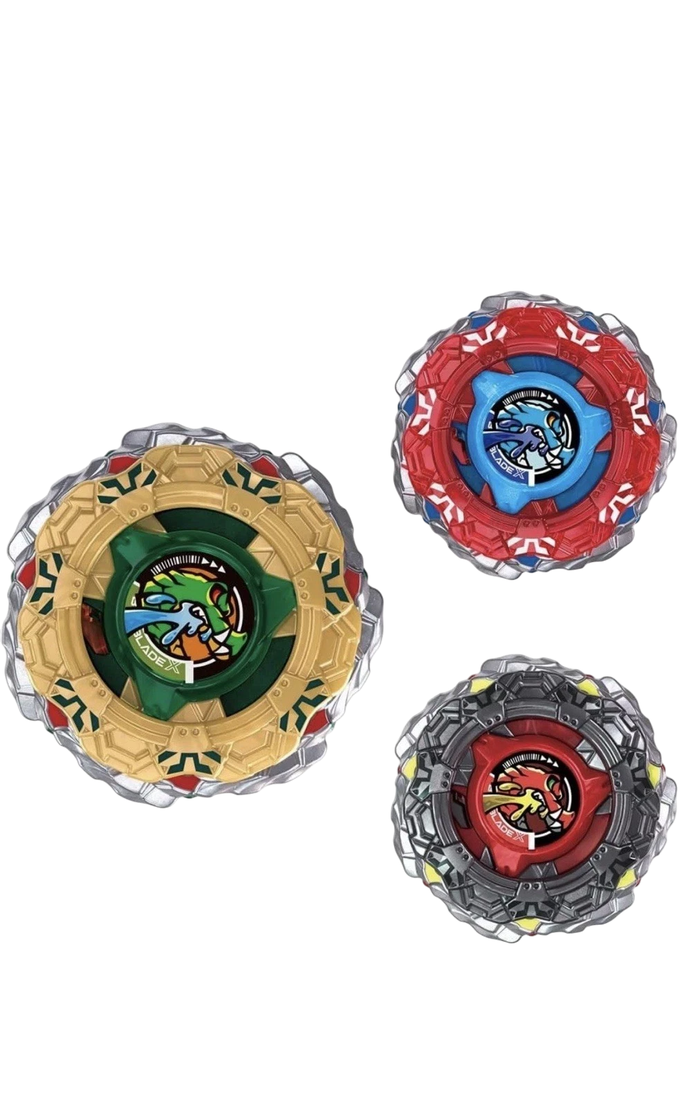 My Store CX-19 Random Booster CrocoTread Select Beyblade X defense tops in gold-green, red-blue, and black-red colors.