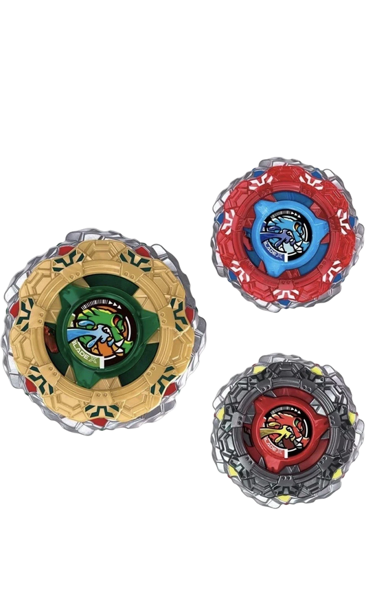 My Store CX-19 Random Booster CrocoTread Select Beyblade X defense tops in gold-green, red-blue, and black-red colors.
