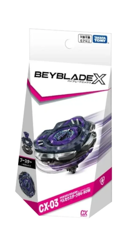 My Store CX-03 PerseusDark B 6-80W Beyblade X balance type starter set in purple and black packaging