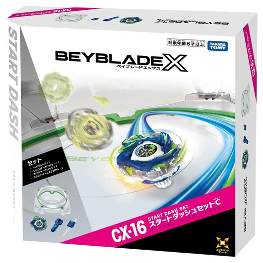 My Store CX-16 Beyblade X Stadium Start Dash Set featuring the blue and white Bahamut Blitz top in action