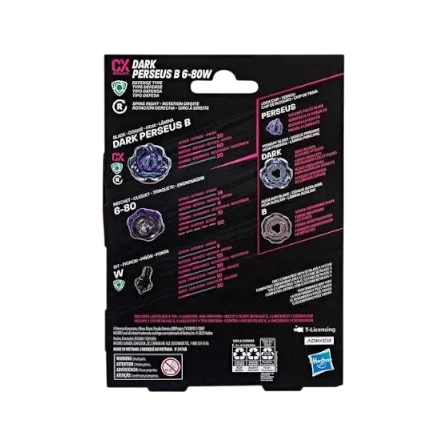 My Store Dark Perseus B 6-80W Beyblade X packaging back showing stats, parts, and customization details.