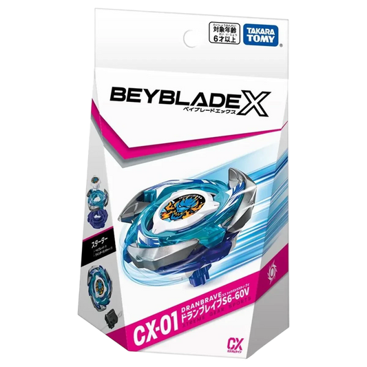 My Store CX-01 DranBrave S6-60V Beyblade X starter set with blue and silver attack type top and ripcord launcher