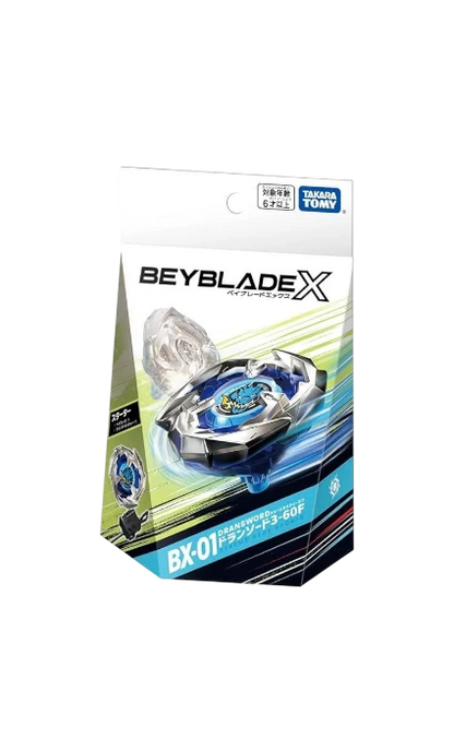 My Store BX-01 DranSword 3-60F Beyblade X starter set with blue and silver attack-type spinning top and winder launcher