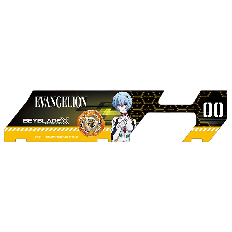 My Store Evangelion Beyblade X battle pass sheet featuring Rei Ayanami and yellow hexagonal emergency patterns.