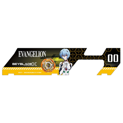My Store Evangelion Beyblade X battle pass sheet featuring Rei Ayanami and yellow hexagonal emergency patterns.