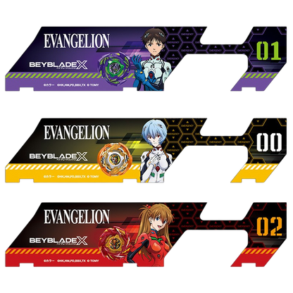 My Store Evangelion x Beyblade X 3-piece battle pass sheet set featuring Shinji, Rei, and Asuka character designs.