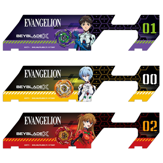 My Store Evangelion x Beyblade X 3-piece battle pass sheet set featuring Shinji, Rei, and Asuka character designs.