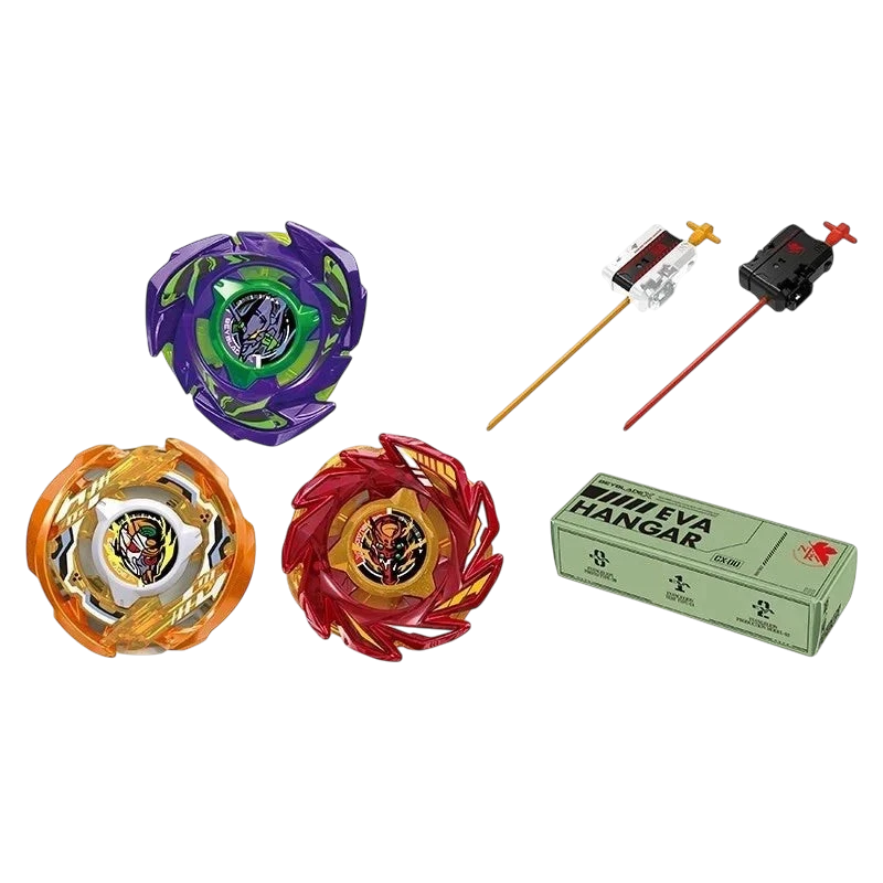 My Store Takara Tomy CX-00 Evangelion Beyblade X set featuring three unit-themed tops, two launchers, and hangar box.