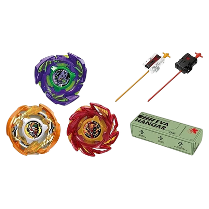 My Store Takara Tomy CX-00 Evangelion Beyblade X set featuring three unit-themed tops, two launchers, and hangar box.