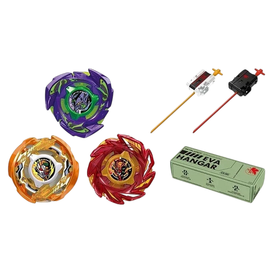 My Store Takara Tomy CX-00 Evangelion Beyblade X set featuring three unit-themed tops, two launchers, and hangar box.