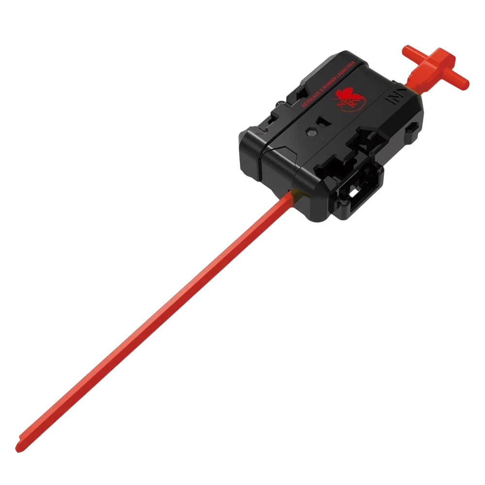 My Store Evangelion x Beyblade X winder launcher in black and red NERV-issue colorway with ripcord