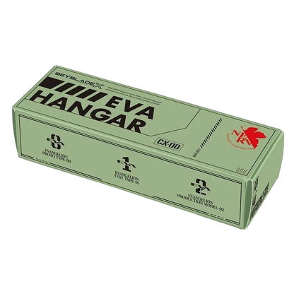 My Store CX-00 Evangelion Deck Set EVA HANGAR storage box in olive green with NERV branding and Beyblade X logos