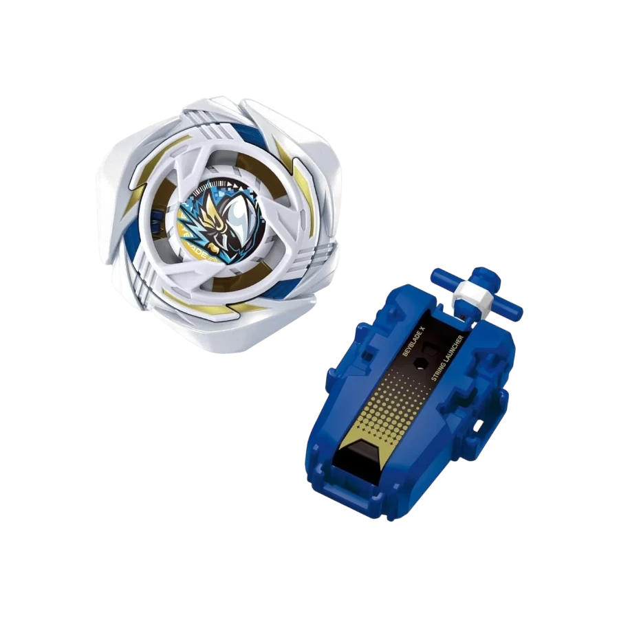 My Store UX-20 Glory Valkyrie Beyblade X attack type top with white blade and blue string launcher