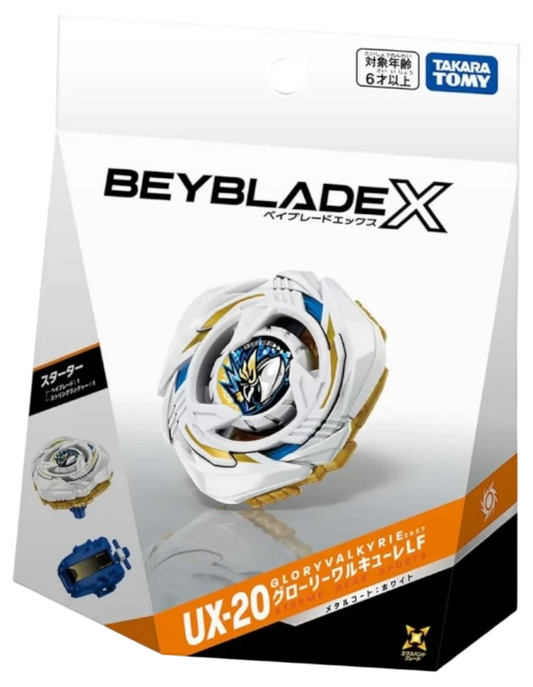 My Store UX-20 Glory Valkyrie LF Beyblade X starter set featuring a white and gold attack type spinning top in box.