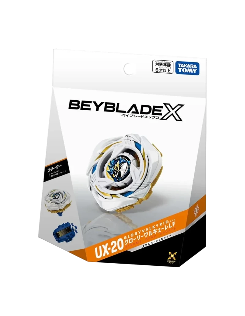 My Store UX-20 Glory Valkyrie LF Beyblade X starter set featuring a white and gold attack type spinning top in box.