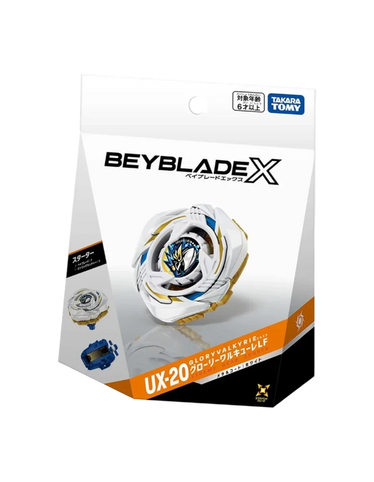 My Store UX-20 Glory Valkyrie LF Beyblade X starter set featuring a white and gold attack type spinning top in box.