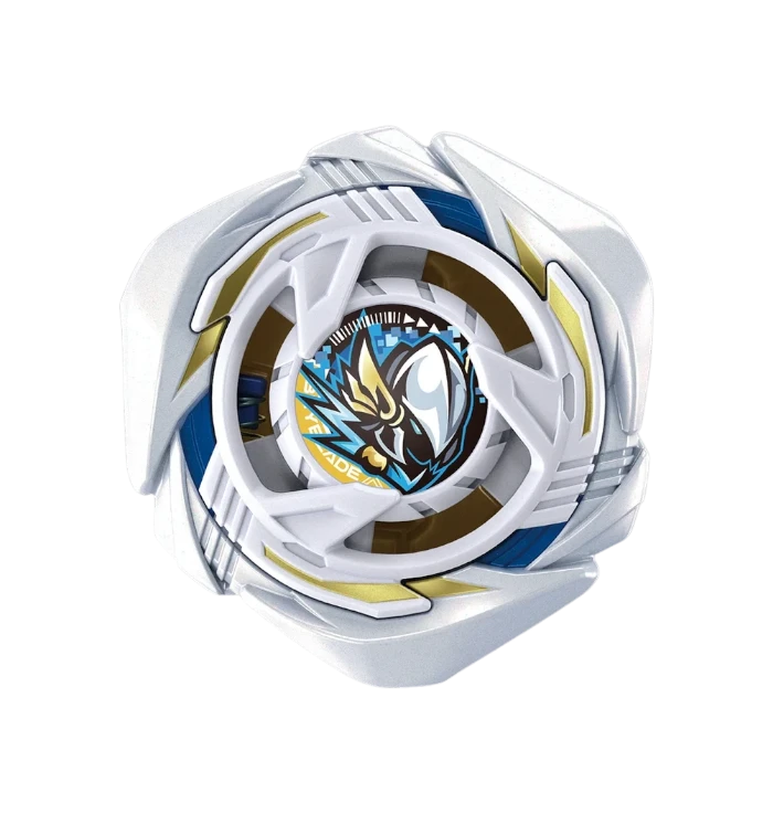 My Store UX-20 Glory Valkyrie Beyblade X attack top in white, blue, and gold with integrated ratchet blade design.