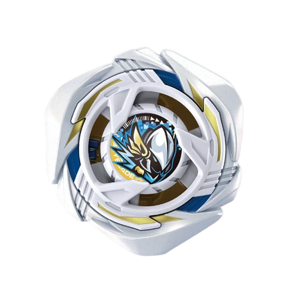 My Store UX-20 Glory Valkyrie Beyblade X attack top in white, blue, and gold with integrated ratchet blade design.