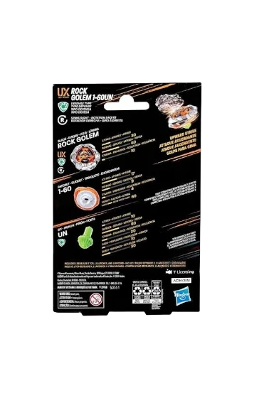 My Store Golem Rock 1-60UN Beyblade X starter set packaging back view showing parts and performance stats