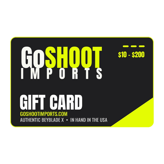 My Store GoShoot Imports digital gift card with black and neon yellow design for Beyblade products
