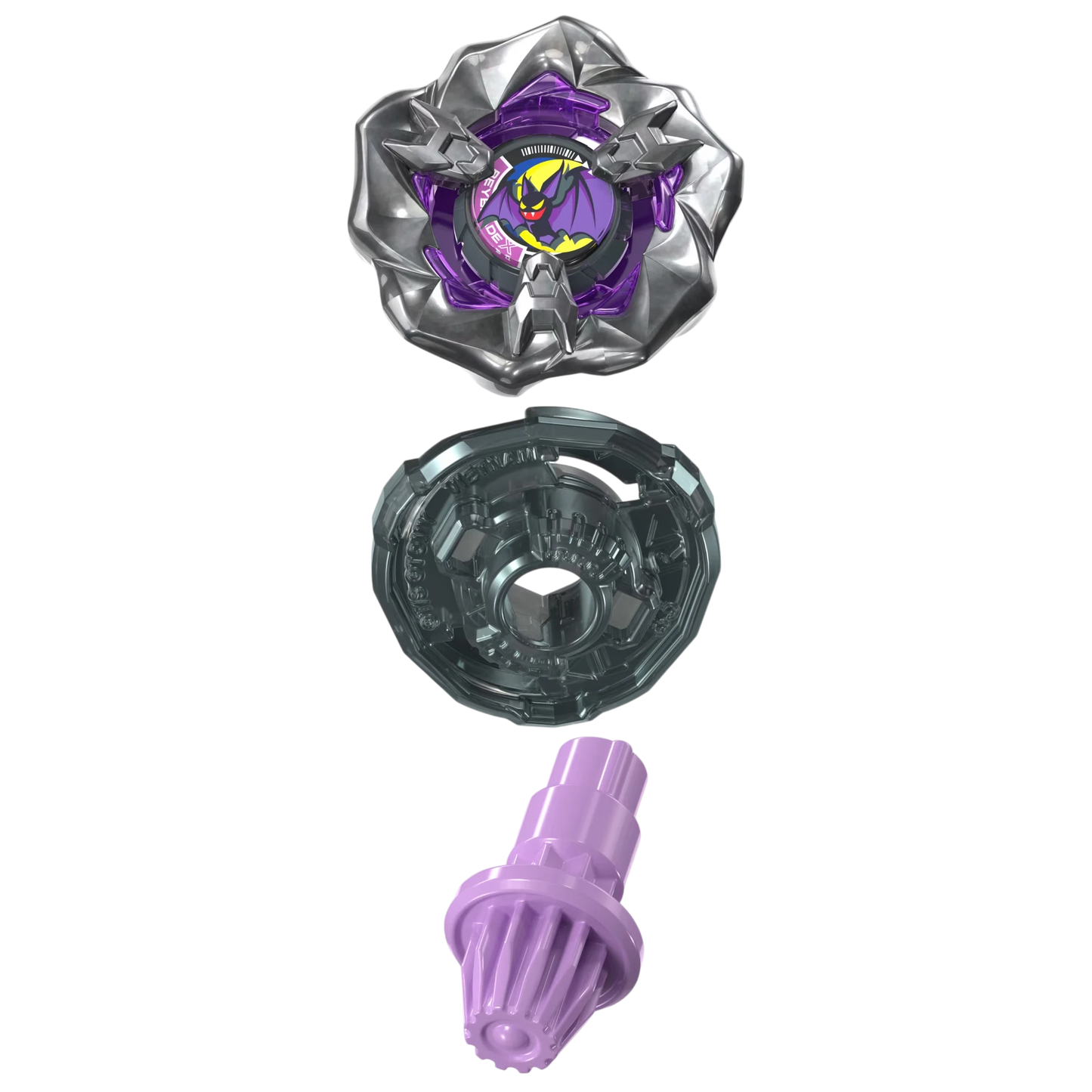 My Store Gust Bat 3-85GP Beyblade X booster pack with metal blade, 3-85 ratchet, and purple Gear Point bit components.