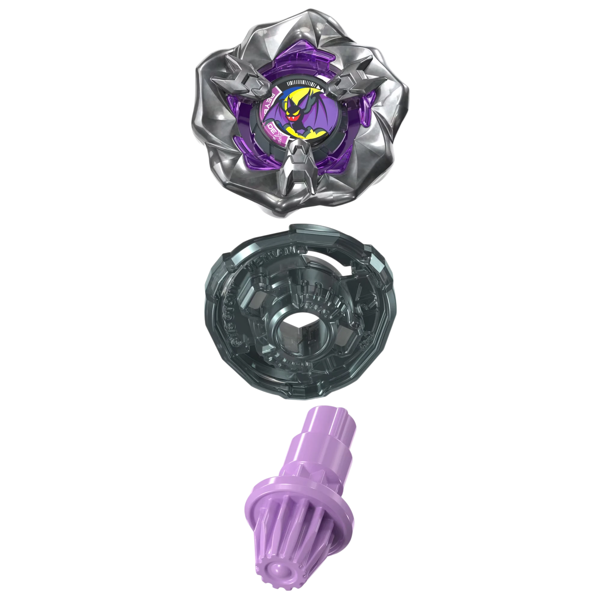 My Store Gust Bat 3-85GP Beyblade X booster pack with metal blade, 3-85 ratchet, and purple Gear Point bit components.
