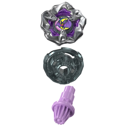 My Store Gust Bat 3-85GP Beyblade X booster pack with metal blade, 3-85 ratchet, and purple Gear Point bit components.