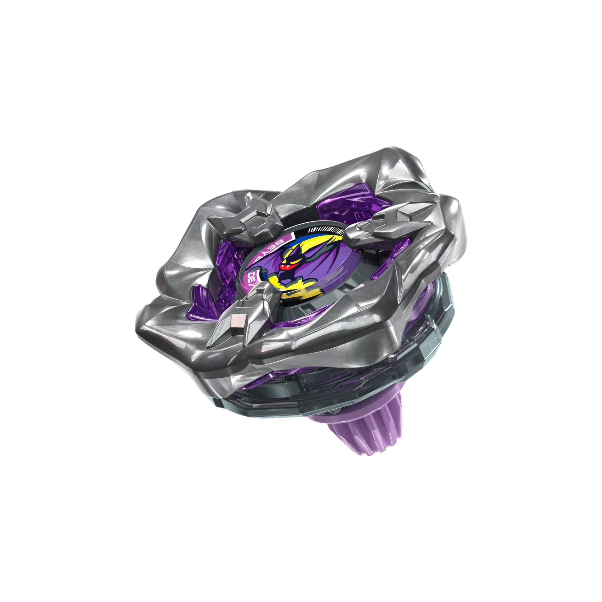 My Store Gust Bat 3-85GP Beyblade X balance type top with a metallic silver five-sided blade and purple accents.