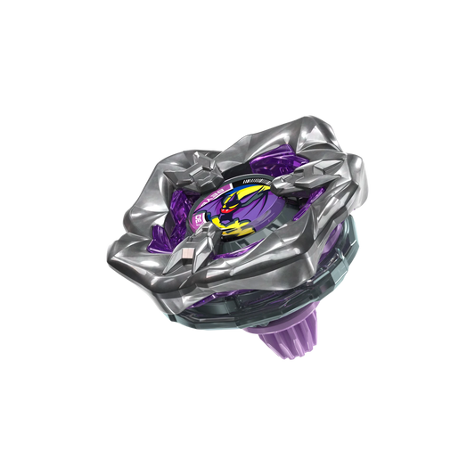My Store Gust Bat 3-85GP Beyblade X balance type top with a metallic silver five-sided blade and purple accents.