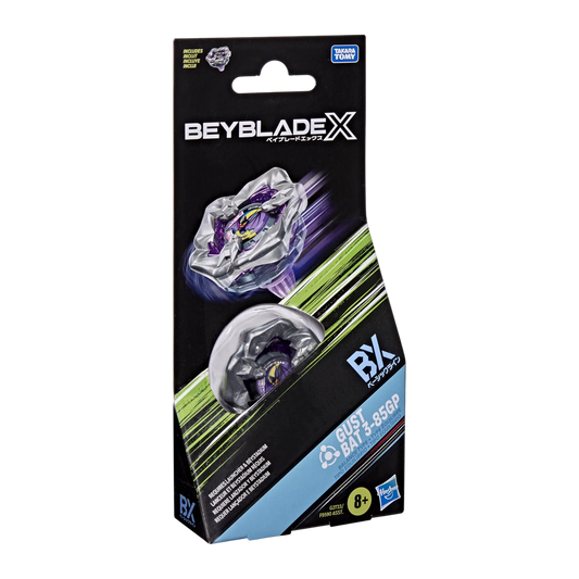 My Store Gust Bat 3-85GP Beyblade X balance type top with purple and silver die-cast metal blade in original packaging.