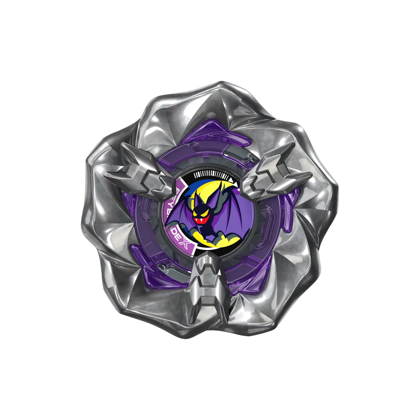 My Store Gust Bat 3-85GP Beyblade X balance type top with a metallic five-sided blade and purple bat-themed center.