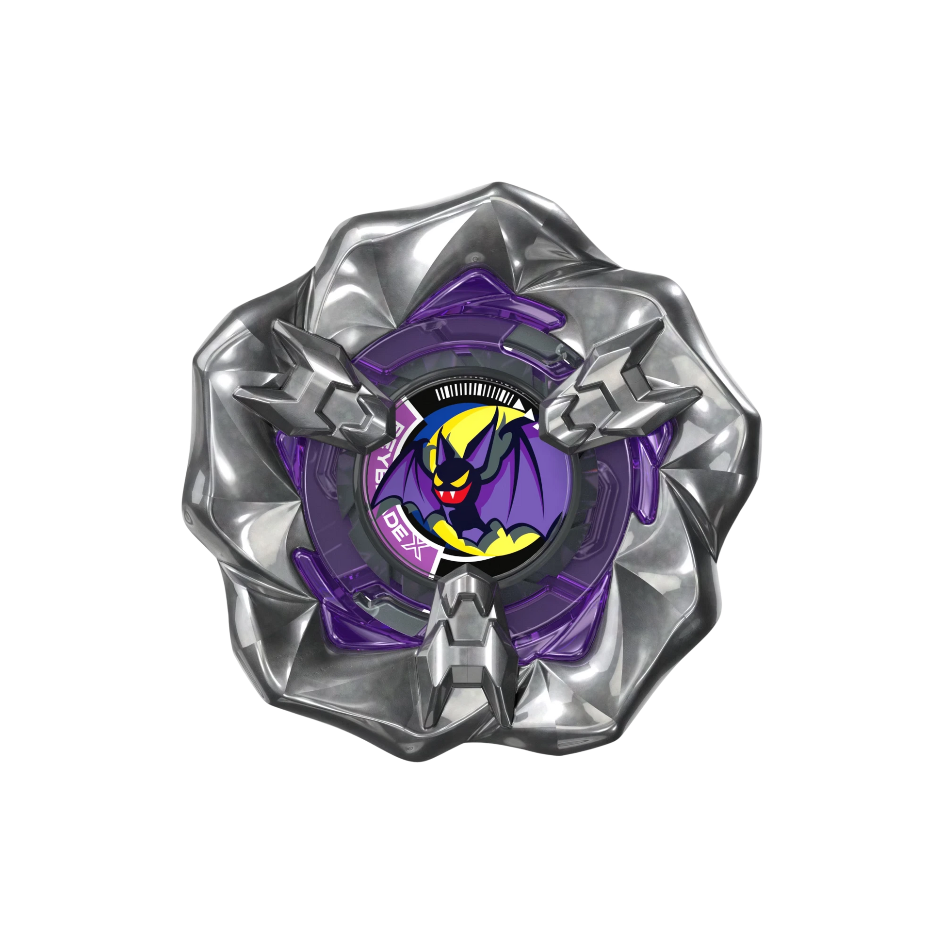 My Store Gust Bat 3-85GP Beyblade X balance type top with a metallic five-sided blade and purple bat-themed center.