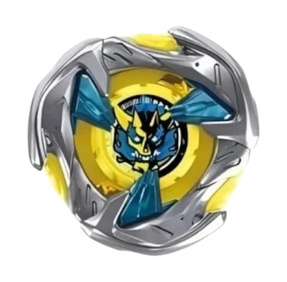 My Store Hells Hammer 3-85GU Beyblade X top with silver metal blade, yellow accents, and blue demon motif center.
