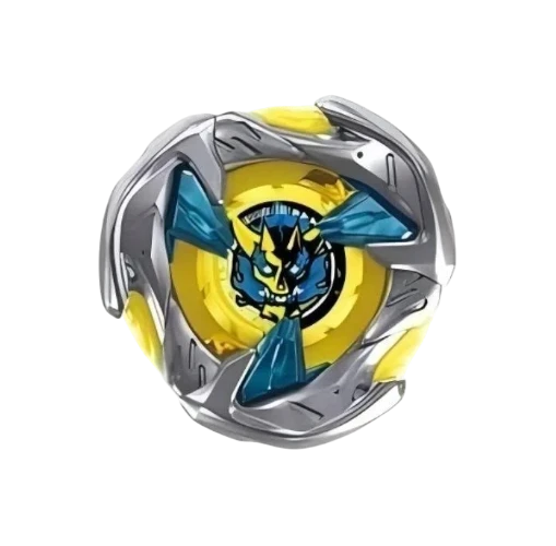 My Store Hells Hammer 3-85GU Beyblade X top with silver metal blade, yellow accents, and blue demon motif center.