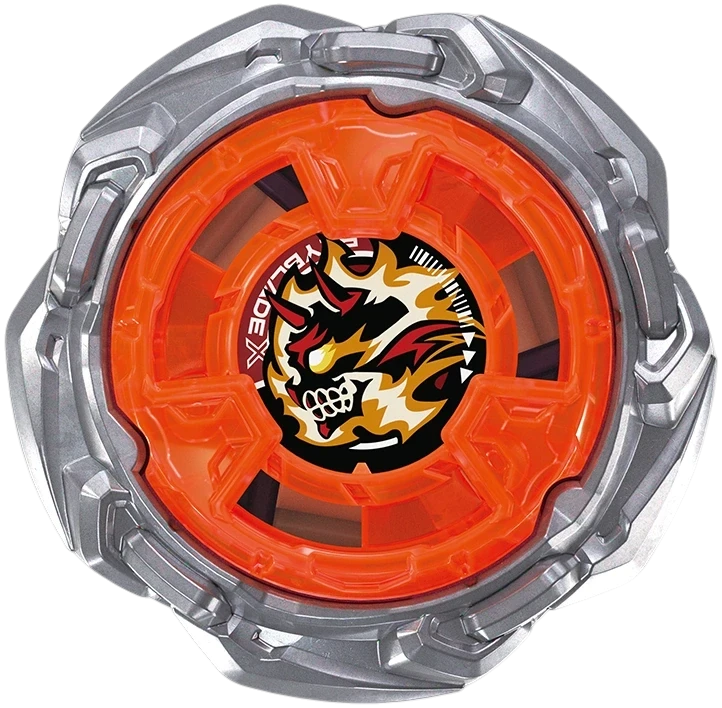 My Store HellsNether Z Beyblade X top with orange center and silver metallic blade in a top-down view