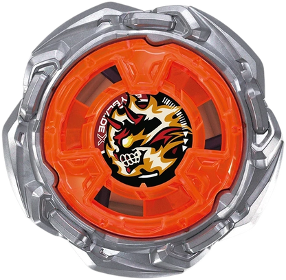 My Store HellsNether Z Beyblade X top with orange center and silver metallic blade in a top-down view